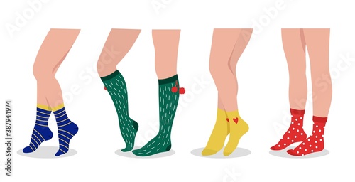 Female legs wear socks. Colorful sport and daily accessories. Fashion pair underwear, christmas footwear vector set. Illustration foot and leg pair, wear clothing garment