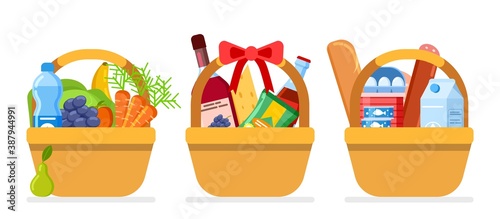 Food baskets. Christmas gift foods, package with different eating. Isolated flat picnic packs from farm market or grocery store. Donations or charity for poor hungry people vector illustration