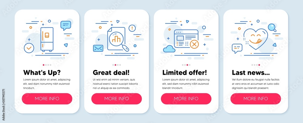 Set of Business icons, such as Analytics graph, Reject web, Refrigerator symbols. Mobile screen app banners. Yummy smile line icons. Chart report, No internet, Fridge ice maker. Comic heart. Vector Set of Business icons, such as Analytics graph, Reject web, Refrigerator symbols. Mobile screen app banners. Yummy smile line icons. Chart report, No internet, Fridge ice maker. Comic heart. Vector