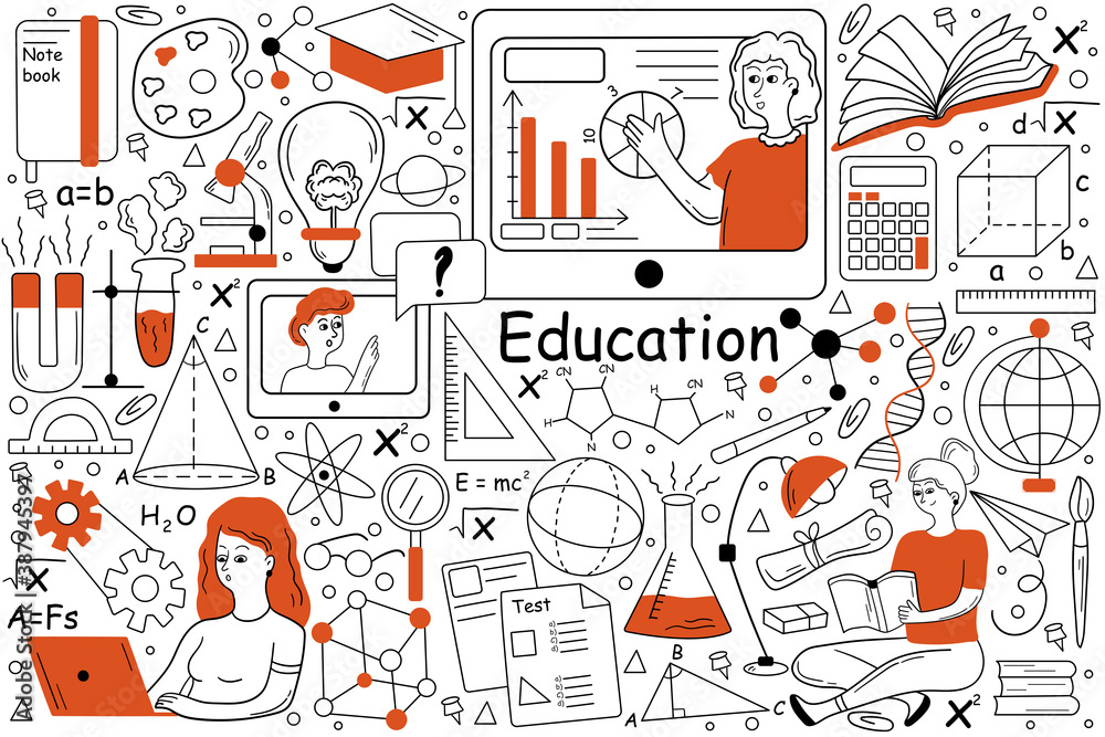 Education doodle set. Collection of hand drawn templates patterns of pupils students learning school university subjects studying at online training courses. Improval of skills expansion of knowledge.