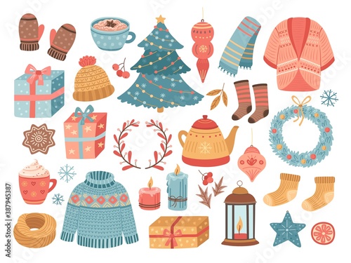 Hygge christmas. Winter season, doodle xmas tree sweets cocoa candle. Sketch comfortable home lifestyle symbols, holiday vector illustration. Winter christmas celebration element, tree and cocoa