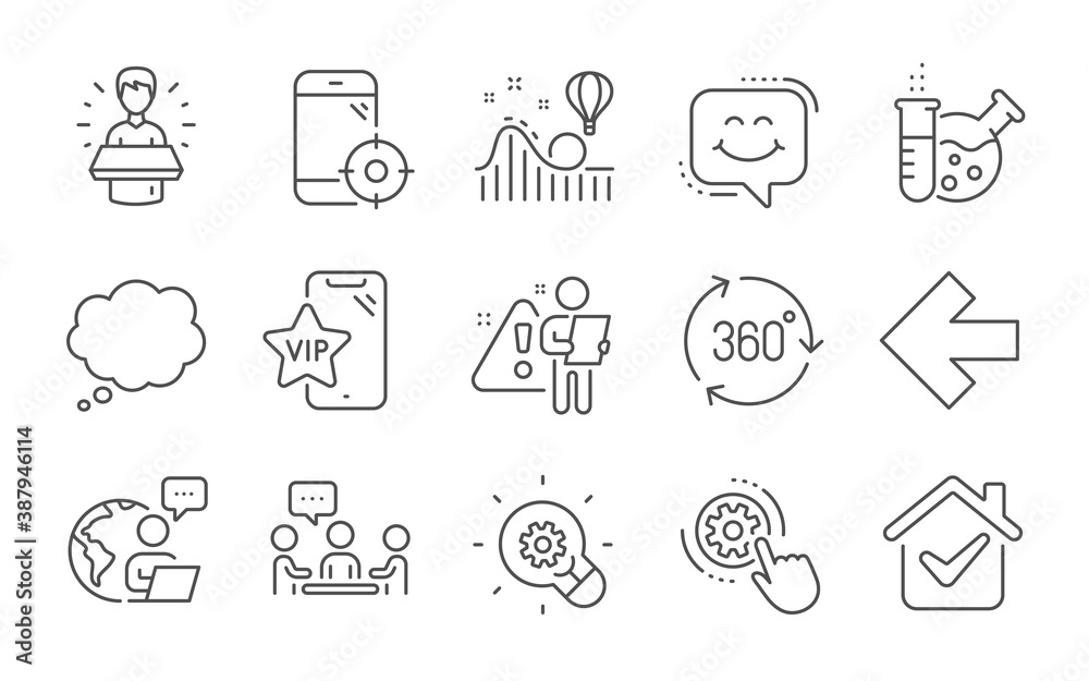 Cogwheel settings, Brand ambassador and 360 degree line icons set. Seo phone, Comic message and People chatting signs. Roller coaster, Left arrow and Smile chat symbols. Line icons set. Vector