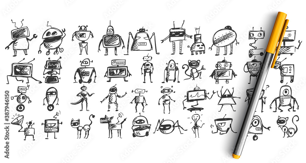 Obraz premium Robots doodle set. Collection of pencil pen ink hand drawn sketches templates patterns of mechanical scientific machines isolated in line. Technological androids and futurism illustration.