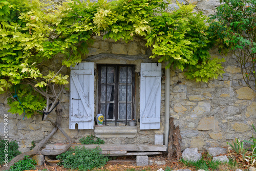 Vieille maisaon en pierres  à la mèche de vigne vierge, Vaucluse en Provence-Alpes-Côte-d'Azur, France