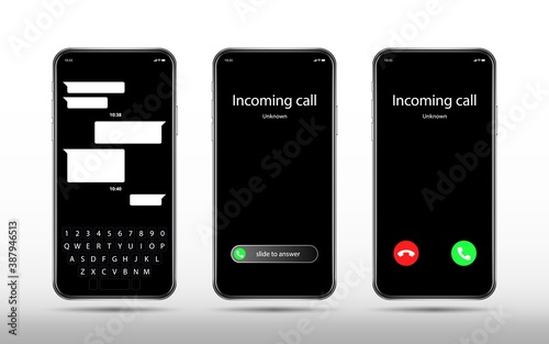 Phone call and chat screen. Realistic smartphone mockup, incoming call. Accept decline button and slider, mobile keyboard vector template. Smartphone interface incoming call screen illustration