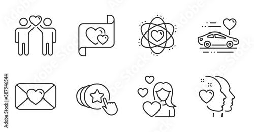 Love letter, Hold heart and Valentine line icons set. Love, Heart and Atom signs. Honeymoon travel, Friends couple symbols. Electron, Car trip, Friendship. Love set. Quality line icons. Vector