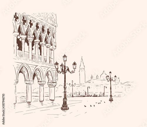 Piazza San Marco, Doge's Palace in Venice, Italy. Hand drawn sketch vector illustration. Romantic cityscape. Tourism Concept.