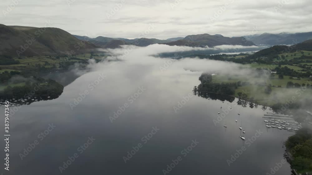Flying through cloud inversion on Ullswater, aerial view Flying through cloud inversion on Ullswater, aerial view