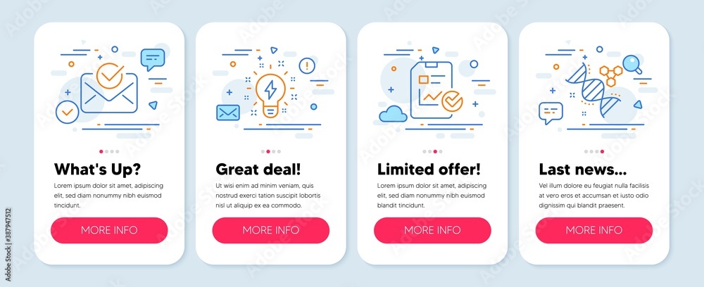 Set of Technology icons, such as Inspiration, Approved mail, Report checklist symbols. Mobile app mockup banners. Chemistry dna line icons. Creativity, Confirmed document, Sales growth file. Vector