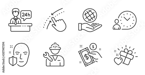 Payment method, Swipe up and Reception desk line icons set. Repairman, Love gift and Safe planet signs. Face protection, Time management symbols. Give money, Touch down, Hotel service. Vector