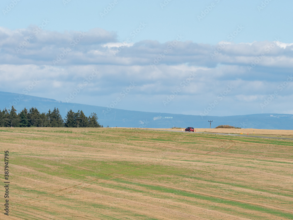 Rural landscape with car and agricultural fields
