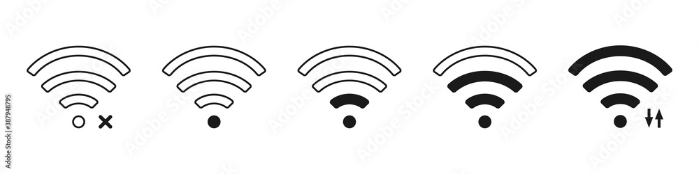 Wifi level strenght on white background. Isolated network symbol in black color. Outline wi fi pictogram level. Status of connection satellite. Wi-fi power sign. Vector EPS 10. Wifi level strenght on white background. Isolated network symbol in black color. Outline wi fi pictogram level. Status of connection satellite. Wi-fi power sign. Vector EPS 10.