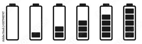 Battery level indicator in black. Isolated power symbol on white background. Low and full of charge accumulator. Mobile capacity. Vector batteries pictogram. Enerhy sign. EPS 10.