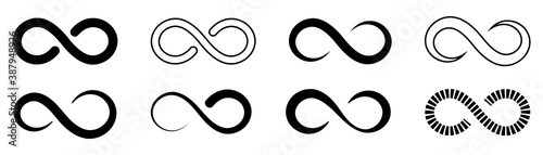 Set of loop sign. Isolated infinity symbol in black. Forever icons on white background. Endless sign collection. Bold and outline design of eternal circle. Different style of loop shape. EPS 10.