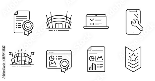 Seo certificate, Report document and Arena stadium line icons set. Shoulder strap, Web lectures and Sports arena signs. Smile, Smartphone repair symbols. Quality line icons. Vector