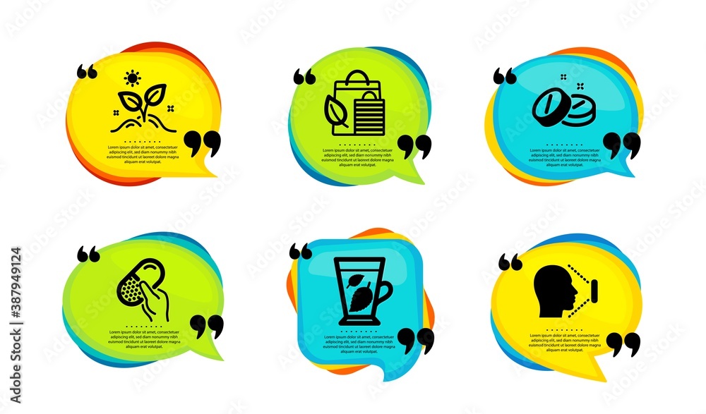 Grow plant, Capsule pill and Medical tablet icons simple set. Speech bubble with quotes. Mint leaves, Bio shopping and Face id signs. Leaves, Medicine drugs, Medicine pill. Vector Grow plant, Capsule pill and Medical tablet icons simple set. Speech bubble with quotes. Mint leaves, Bio shopping and Face id signs. Leaves, Medicine drugs, Medicine pill. Vector