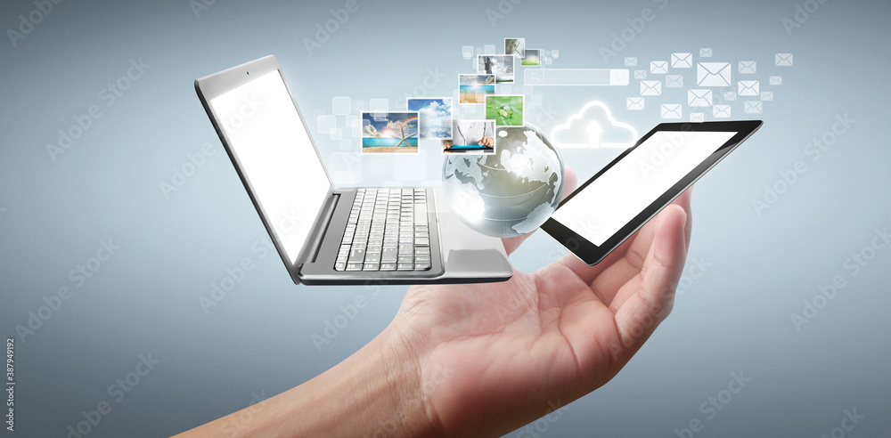 Technology tech devices connected to each other in hands Technology tech devices connected to each other in hands