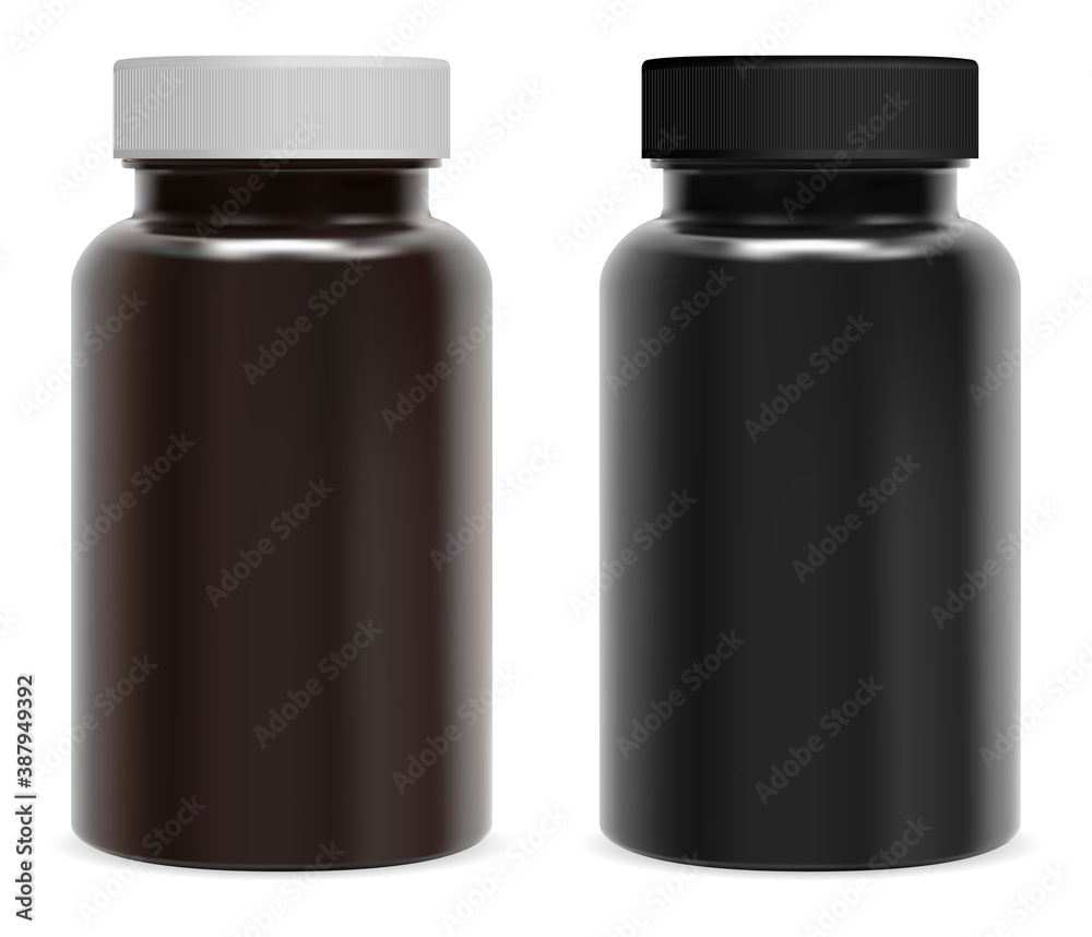 Supplement pill bottle. Brown amd black glossy jarfor vitamin capsule medicine. Isolated medical cylinder container with screw cap for sport tablet. Elegant round packaging without label Supplement pill bottle. Brown amd black glossy jarfor vitamin capsule medicine. Isolated medical cylinder container with screw cap for sport tablet. Elegant round packaging without label