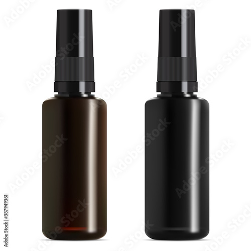 Black and brown glass medical bottle. Essential oil vial. Realistic vitamin syrup jar with screw cap isolated on white background. E juice container blank. Serum essence storage