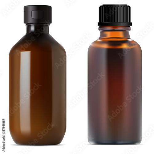 Brown glass pharmacy bottle. Medical syrup vial. Liquid drug realistic amber container with screw cap. Translucent medicine flacon for cure. 3d design without label and logo. Cosmetic blank