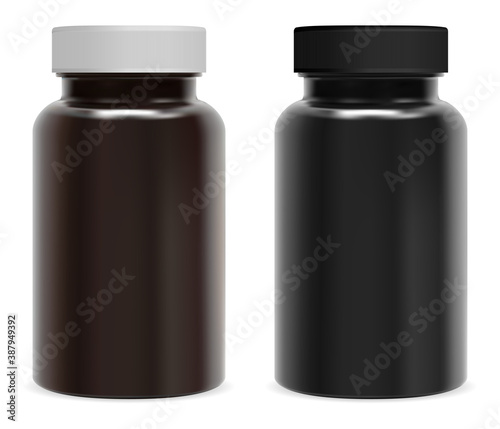 Supplement pill bottle. Brown amd black glossy jarfor vitamin capsule medicine. Isolated medical cylinder container with screw cap for sport tablet. Elegant round packaging without label