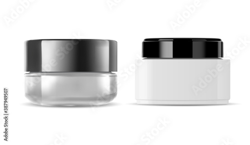 Glass cream jar. Cosmetic bottle. Transparent blank mockup with black lid. Empty white container for face or skin care product. Round 3d packaging for luxury makeup powder