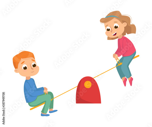 Boy and Girl Riding Seesaw, Kids Having Fun on Playground Cartoon Style Vector Illustration