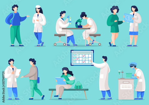 Collection of people working in hospital or laboratory. Set of isolated characters working in medicine. Pharmaceutical scientists or chemists with equipments for diagnosis conduction, vector