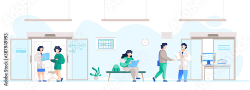 Doctors working in clinic with patients. Corridor of clinics with medical workers talking to patients or interns. Woman showing ct results to student. Scientists learning and practicing vector