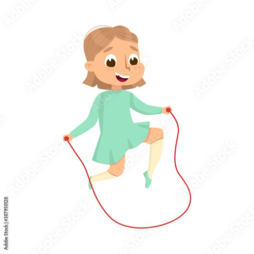 Smiling Girl Jumping with Skipping Rope, Kid Having Fun on Playground Cartoon Style Vector Illustration