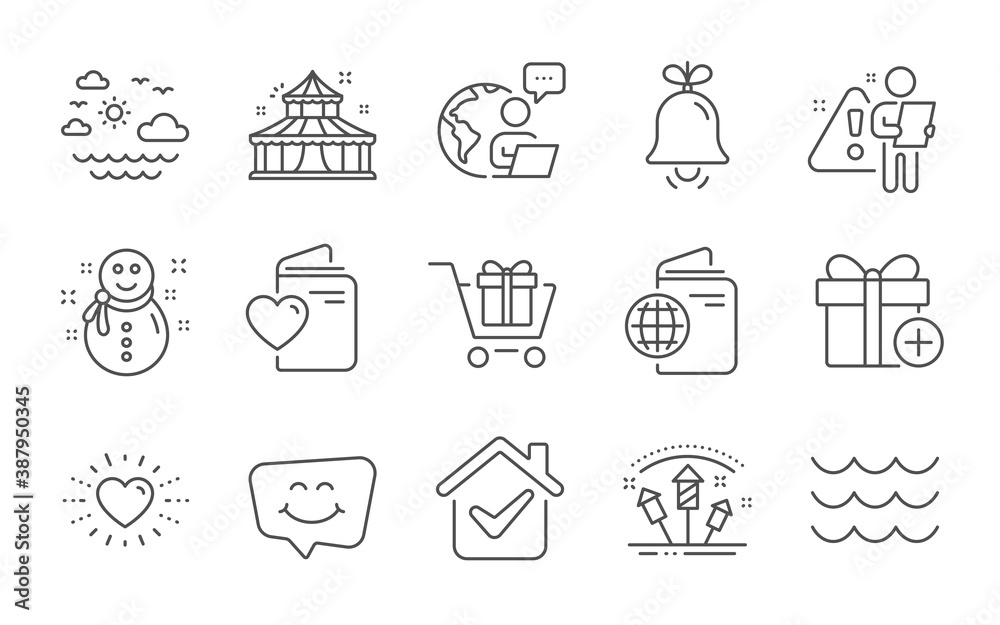 Snowman, Add gift and Heart line icons set. Waves, Shopping cart and Love document signs. Travel sea, Smile chat and Bell symbols. Circus, Travel passport and Fireworks rocket. Line icons set. Vector