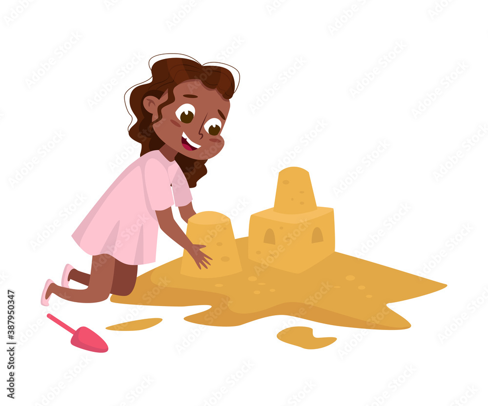 Little African American Girl Playing on Pile of Sand, Kid Having Fun on Playground Cartoon Style Vector Illustration