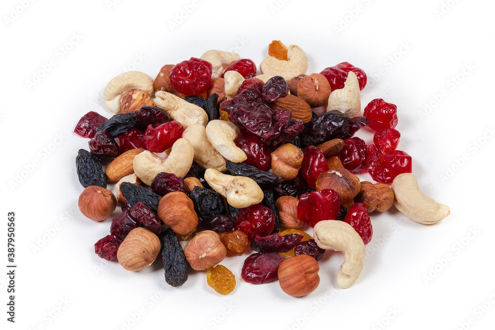 Small pile of mix of different nuts and dried fruits Small pile of mix of different nuts and dried fruits