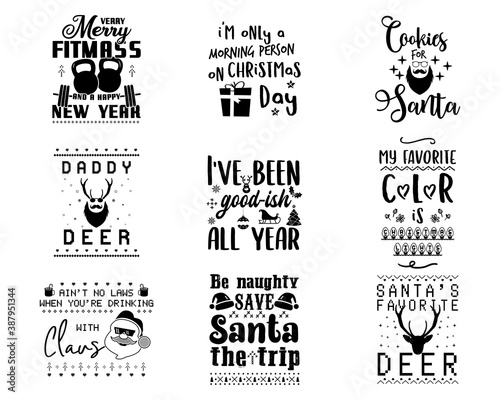Christmas calligraphy set. Silhouette typography quotes designs for xmas cards, t shirts, mug, other prints with words and holiday elements. Stock vector lettering bundle isolated