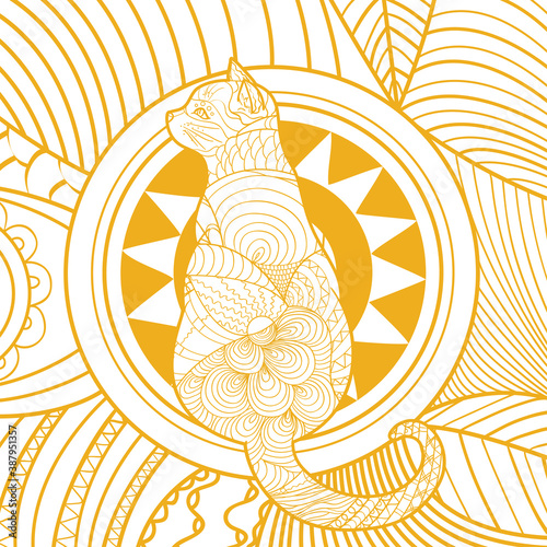 Square intricate background. Hand drawn patterned cat. Design for spiritual relaxation for adults