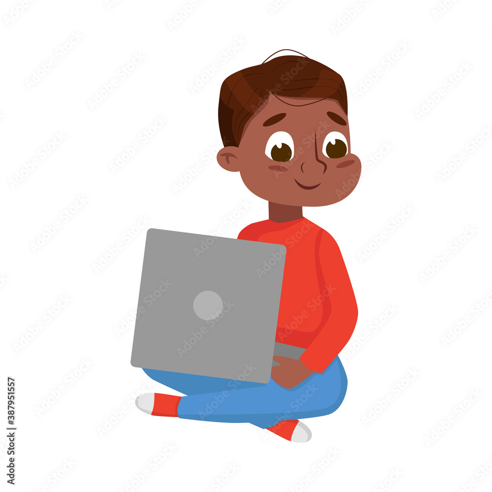 Cute Little Boy Sitting on Floor with Crossed Legs Using Laptop Computer, Online Education or Course, Kid Programmer Character Cartoon Style Vector Illustration Cute Little Boy Sitting on Floor with Crossed Legs Using Laptop Computer, Online Education or Course, Kid Programmer Character Cartoon Style Vector Illustration