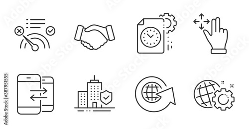 No internet  Seo gear and Phone communication line icons set. World globe  Move gesture and Project deadline signs. Apartment insurance  Handshake symbols. Quality line icons. Vector