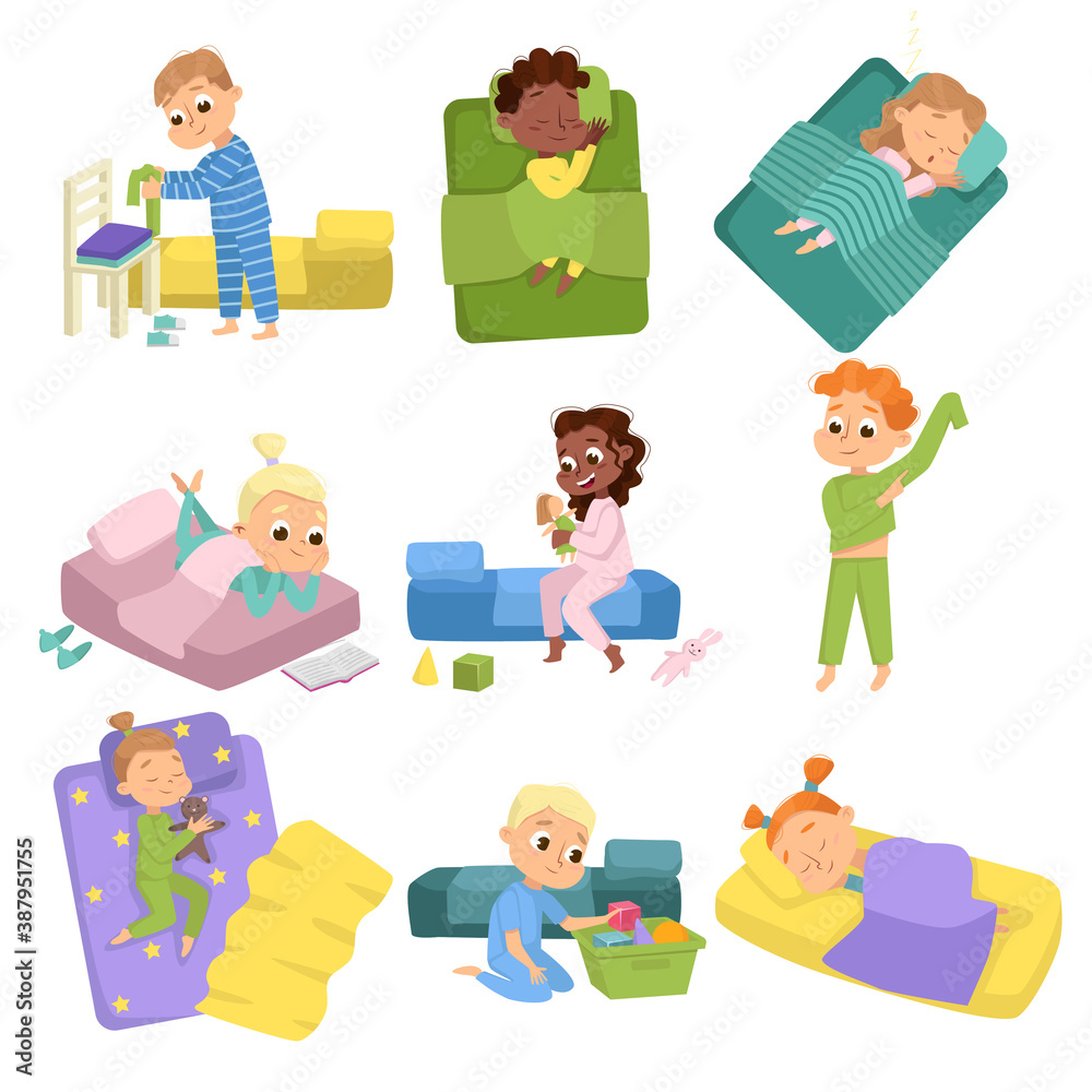 Cute Little Children Sleeping Sweetly in their Beds Set, Boys and Girls Getting Ready to Sleep, Sweet Dreams of Adorable Kids Cartoon Style Vector Illustration Cute Little Children Sleeping Sweetly in their Beds Set, Boys and Girls Getting Ready to Sleep, Sweet Dreams of Adorable Kids Cartoon Style Vector Illustration