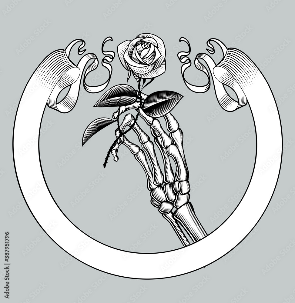 Skeleton hand holding a white rose and retro ribbon banner Stock Vector