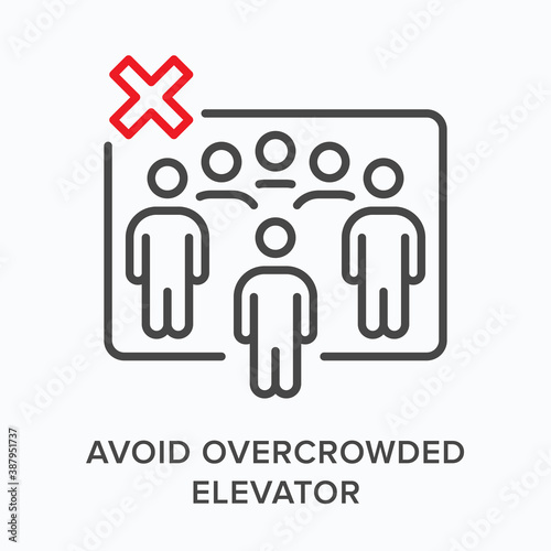 Avoid overcrowded elevator flat line icon. Vector outline illustration of group of people, crowd in lift. Coronavirus prevention thin linear sign