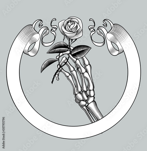 Skeleton hand holding a white rose and retro ribbon banner