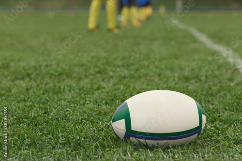 Rugby ball in the stadium on grass background