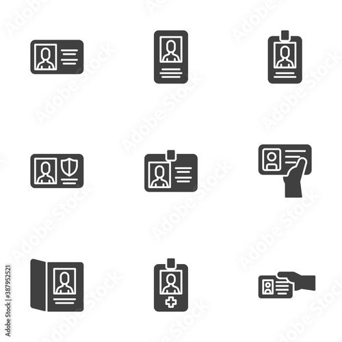 ID card vector icons set, modern solid symbol collection, filled style pictogram pack. Signs, logo illustration. Set includes icons as passport document, security identification badge, driving license
