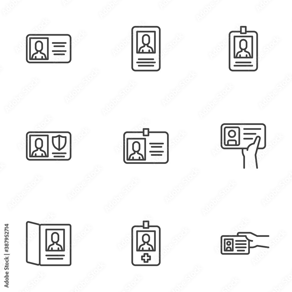 ID card line icons set. Identity card linear style symbols collection, outline signs pack. vector graphics. Set includes icons as passport document, security identification badge, driving license