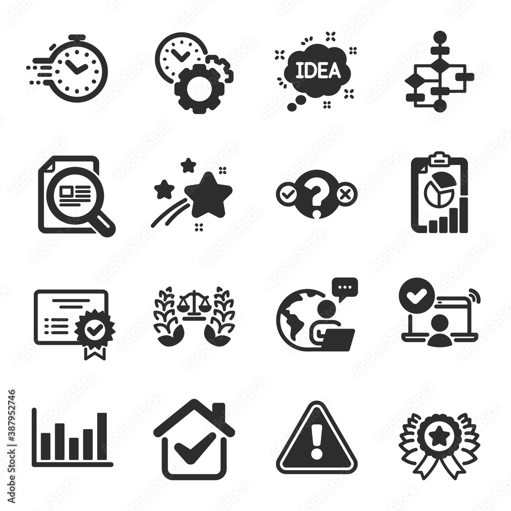 Set of Education icons, such as Quiz test, Timer, Block diagram symbols. Online access, Check article, Certificate signs. Time management, Idea, Report. Justice scales, Column chart. Vector