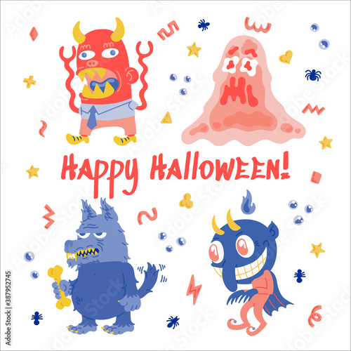 Monster Cartoon Character set. Hand drawn vector illustration with Beast  Slime Slug  Wolf  Devil and small patterns. Mystery  All Saints Day concept for Mystery party  posters  greeting cards