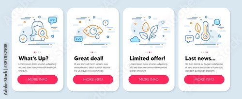 Set of Healthcare icons, such as Plants watering, Moisturizing cream, Ð¡onjunctivitis eye symbols. Mobile screen mockup banners. Thermometer line icons. Vector