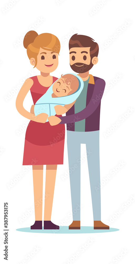Happy parent with newborn. Mom and dad with kid, husband and wife hugging baby, young smiling family parenthood and pregnancy concept vector cartoon flat characters on white background