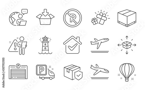 Gift, Lighthouse and Truck parking line icons set. Parcel delivery, Get box and Departure plane signs. Arrivals plane, Parking garage and Parcel insurance symbols. Delivery box, Air balloon. Vector