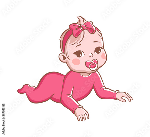 Baby girl. Cute infant with pacifier, happy toddler in pink clothes and ribbon with bow on head lying. Cartoon newborn playful character vector illustration on white background